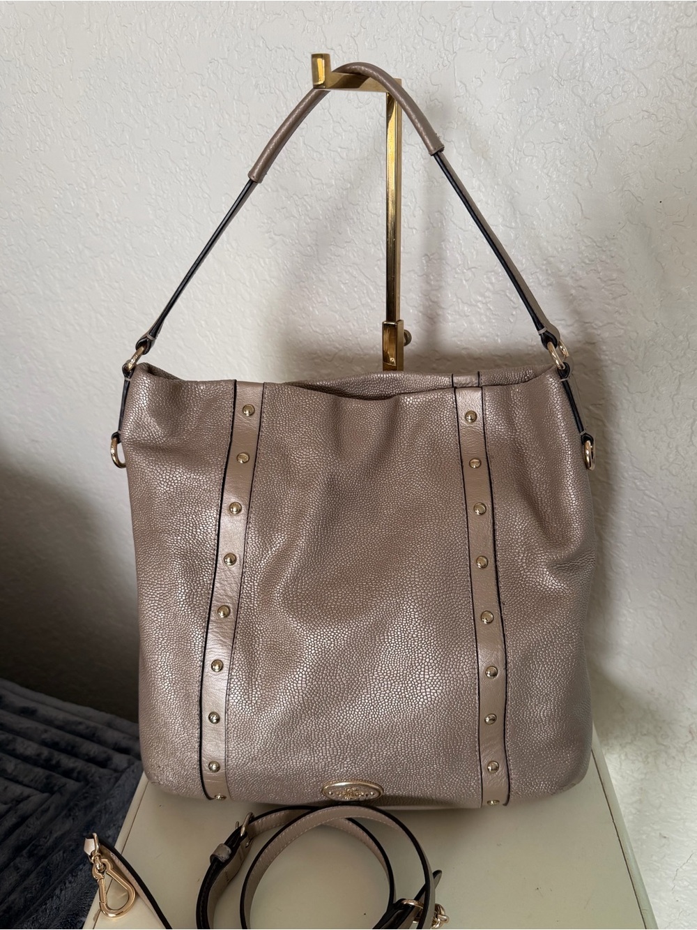 Coach Taupe Pebbled Leather Shoulder Bag with Stud Detail